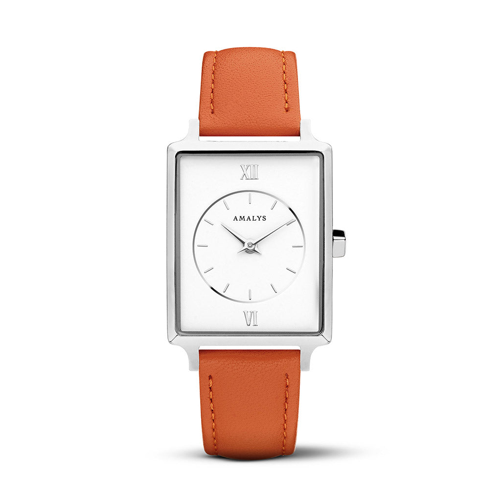 Orange Leather Strap - Silver / 14mm