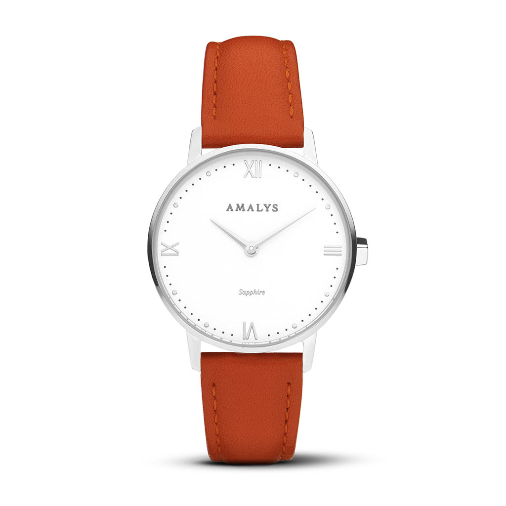 Orange Leather Strap - Silver / 16mm