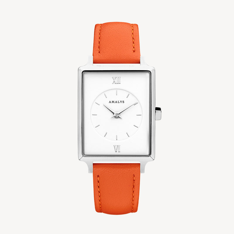 Orange Leather Strap - Silver / 14mm