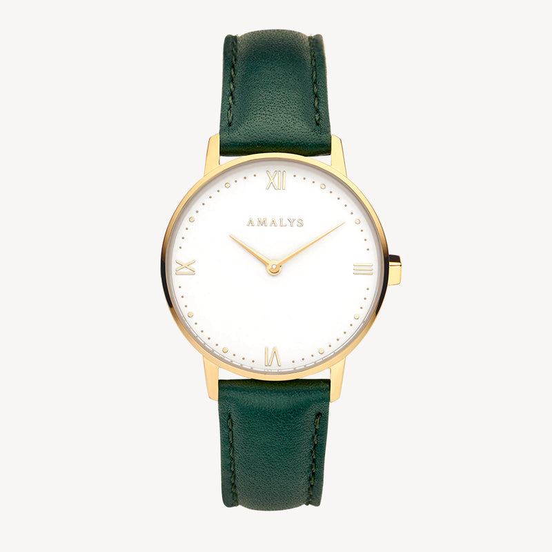 Bracelet Cuir Vert Sapin - Or / 16mm