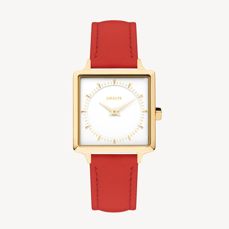 Red Leather Strap - Gold / 14mm